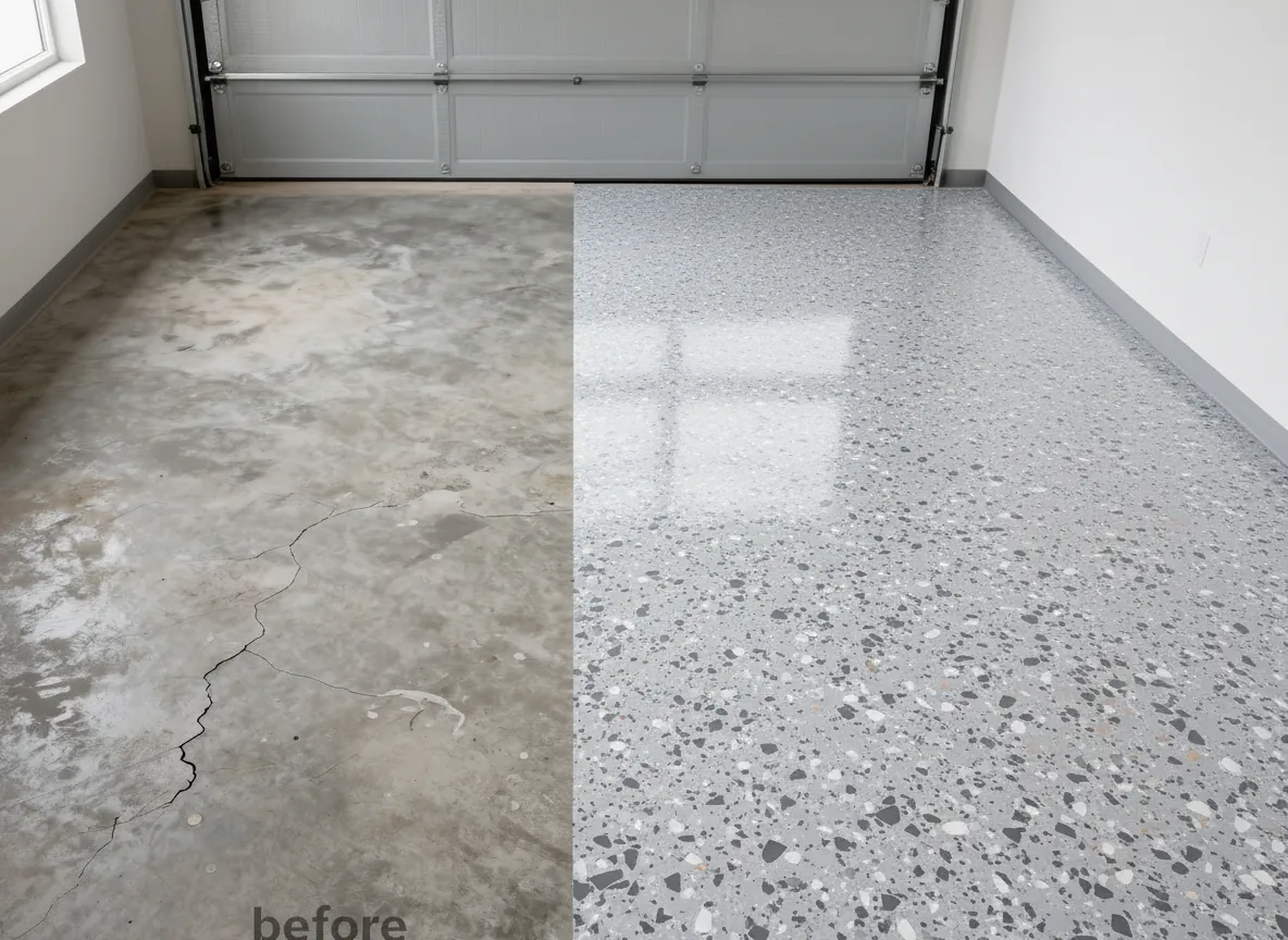 Epoxy garage floor before and after in New Braunfels TX